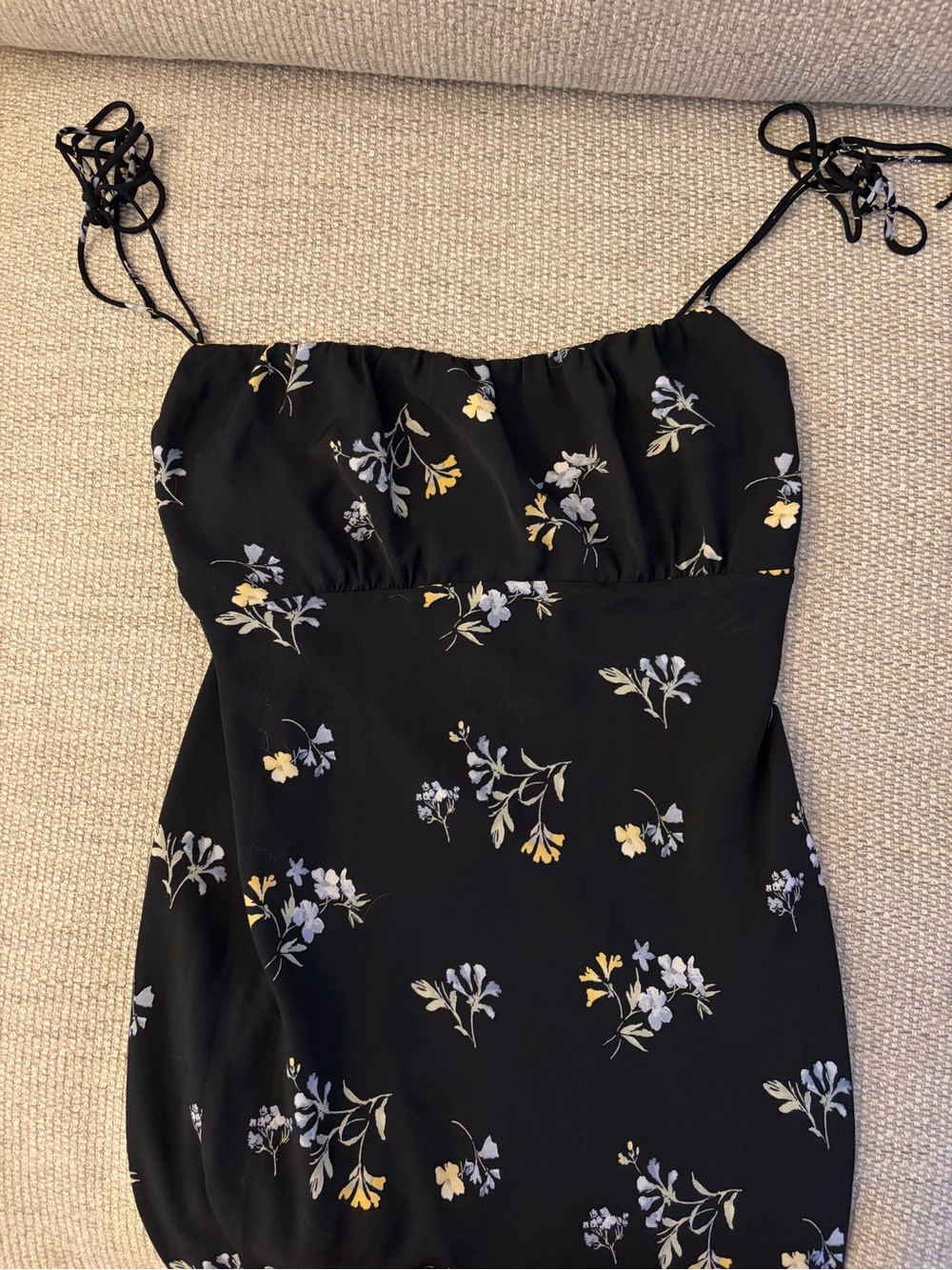 Black Floral Abercrombie Dress with shoulder ties and side leg slit.